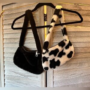 BUNDLE-(2) Small Shoulder Purses Black & Cow Animal Print zipper Closure unlined